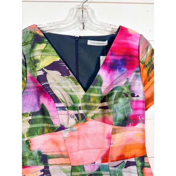 NWT Kay Unger Watercolor Floral V-Neck Maxi A-Line Dress Multicolor Size 6 - Picture 4 of 10